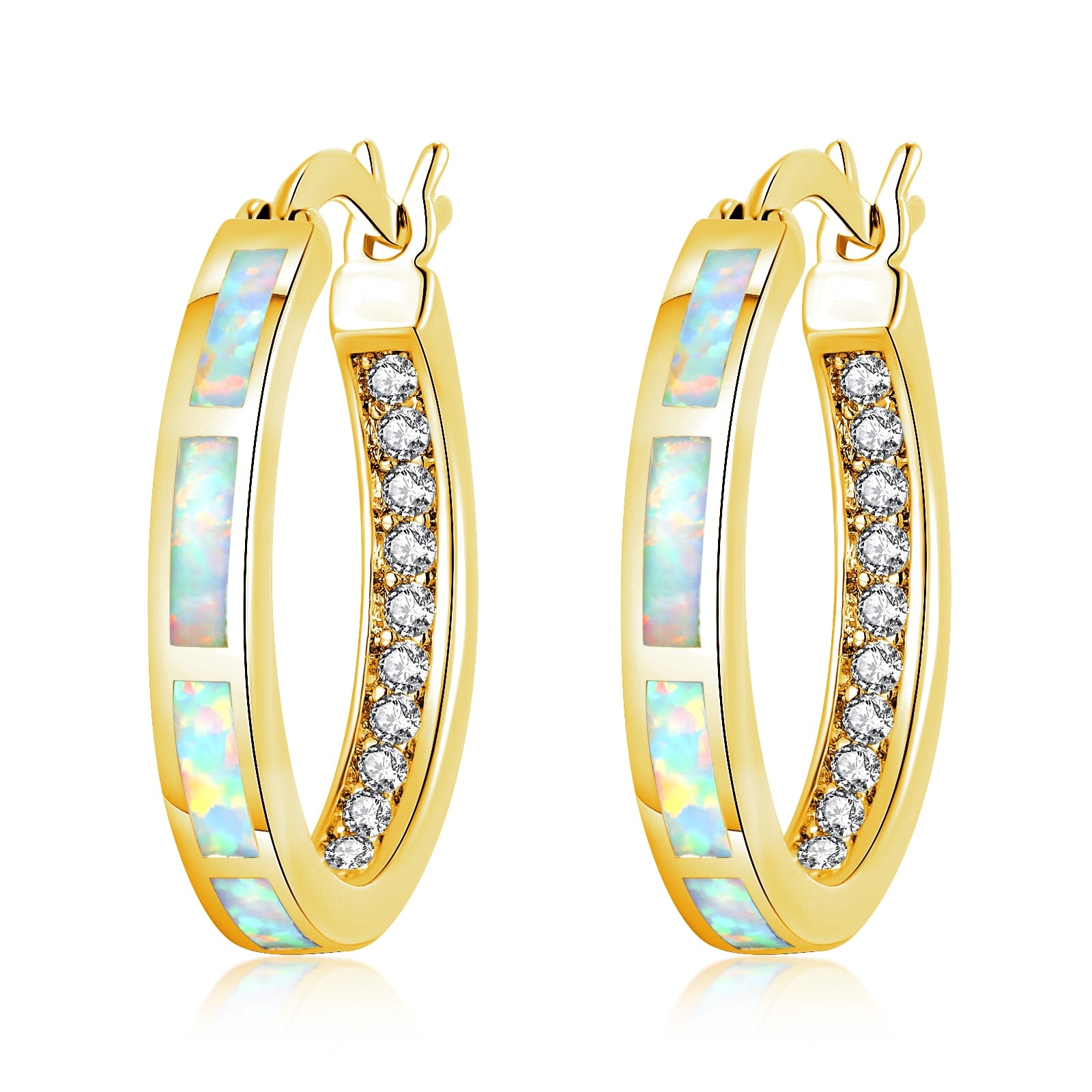 Earrings CiNily White Fire Opal Hoop  With Stone Silver Plated Small