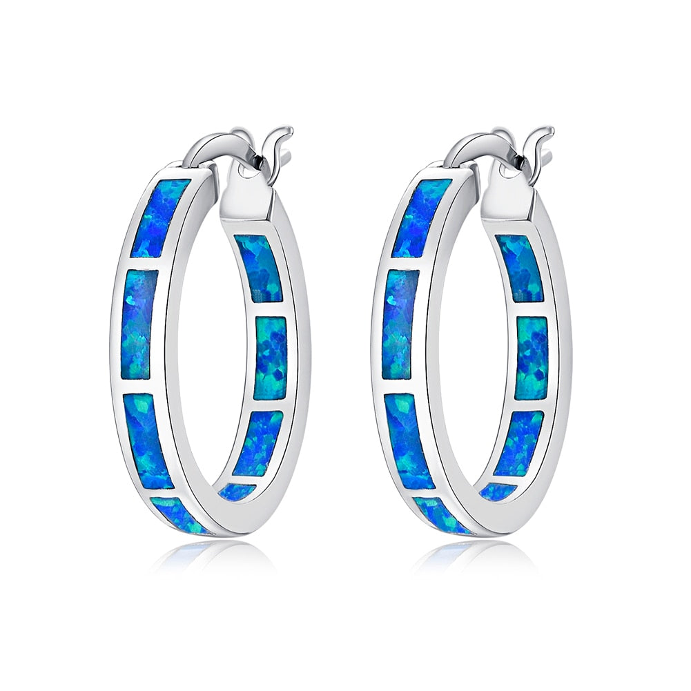 Earrings CiNily White Fire Opal Hoop  With Stone Silver Plated Small