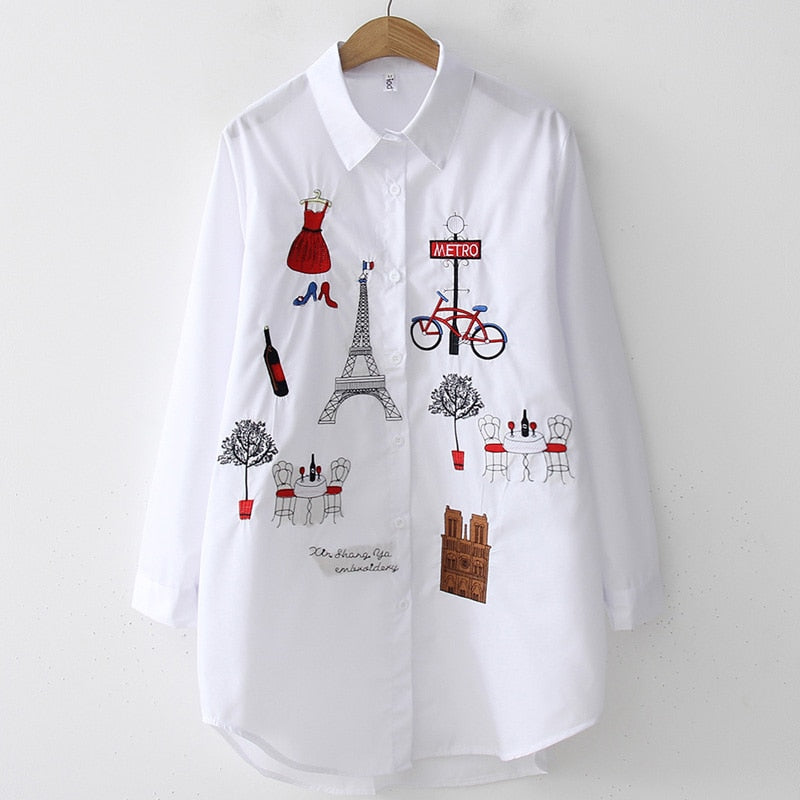 Blouse White Women Long Sleeve Cotton Embroidery Style Design Comfort 