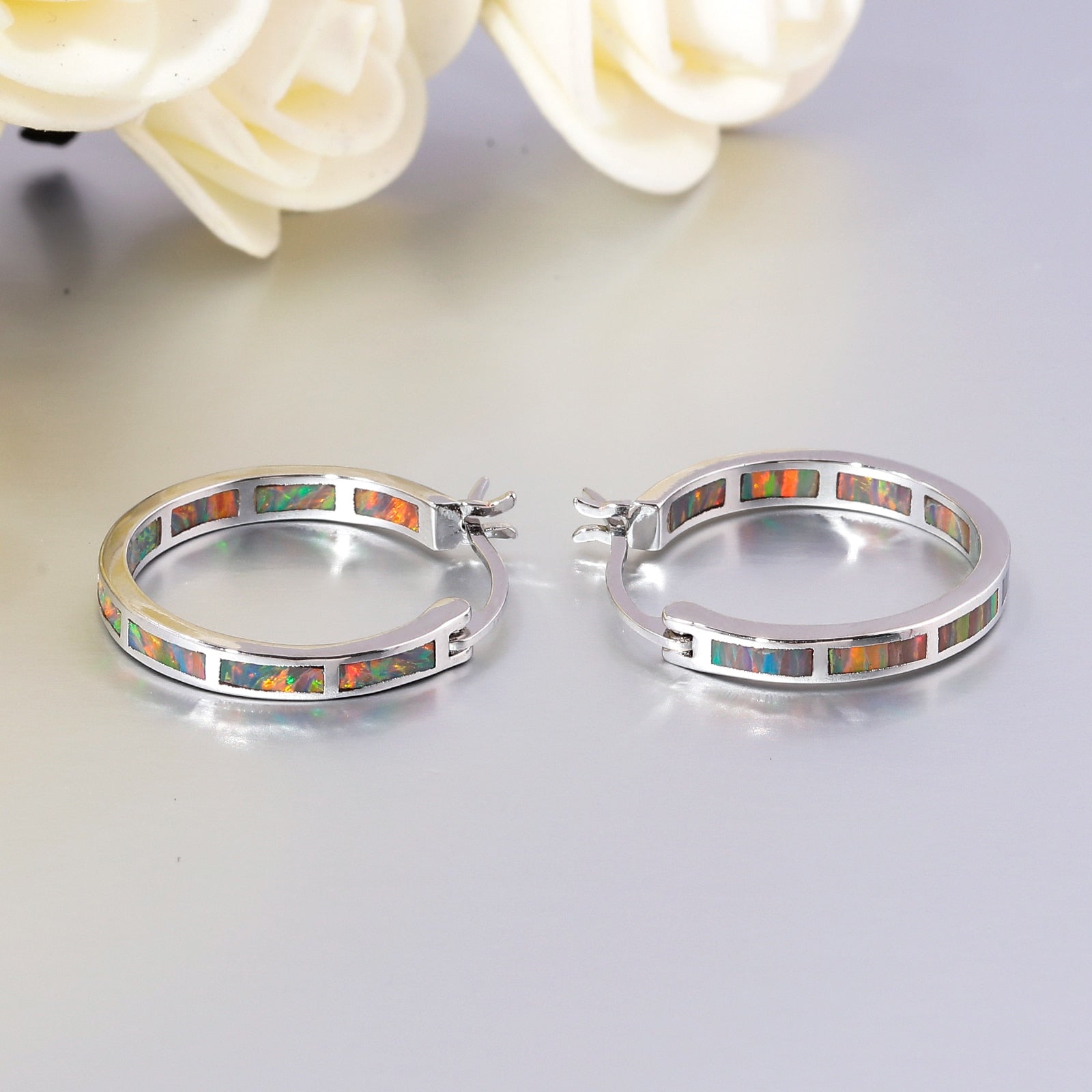 Earrings CiNily White Fire Opal Hoop  With Stone Silver Plated Small