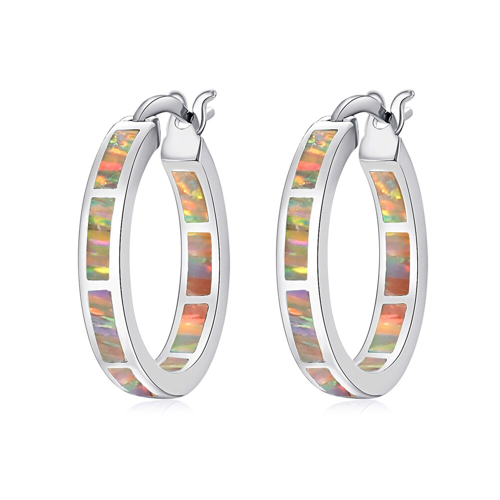 Earrings CiNily White Fire Opal Hoop  With Stone Silver Plated Small