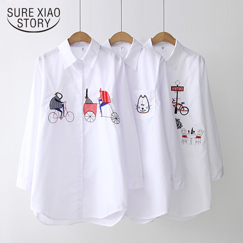 Blouse White Women Long Sleeve Cotton Embroidery Style Design Comfort 