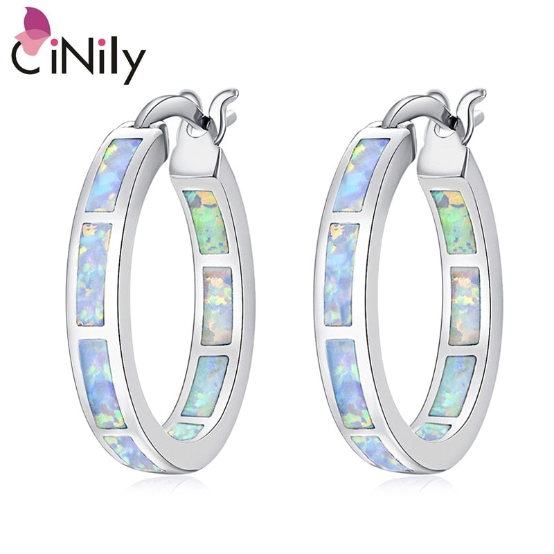 Earrings CiNily White Fire Opal Hoop  With Stone Silver Plated Small