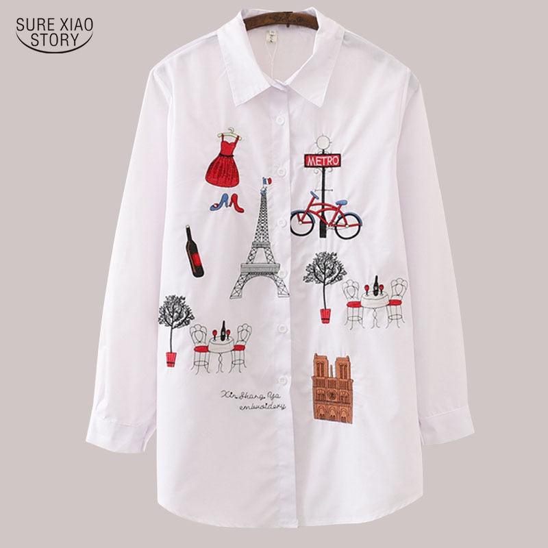 Blouse White Women Long Sleeve Cotton Embroidery Style Design Comfort 