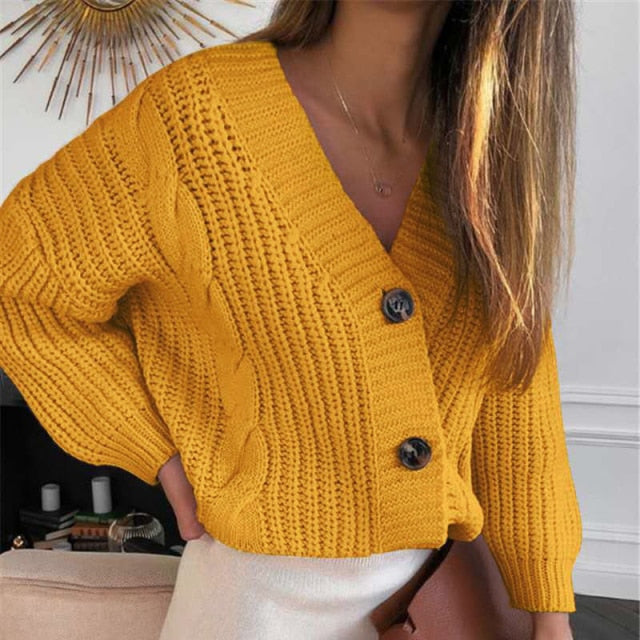 Vintage Knitted V-Neck Cardigan Warm Style Design Fashion Woman Wearab